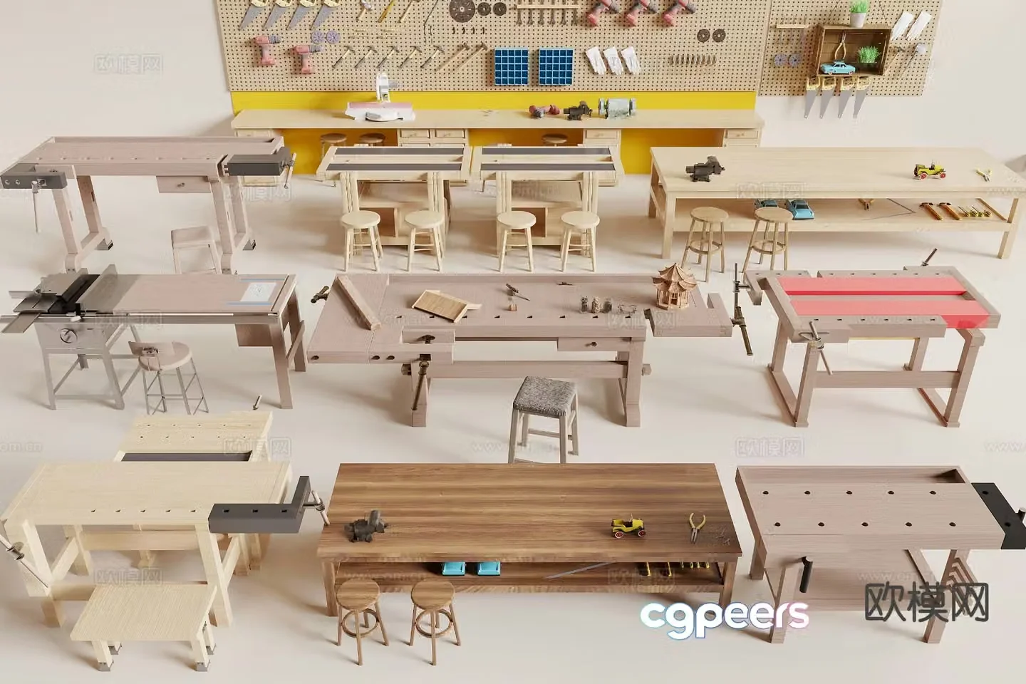 Modern woodworking tables and chairs workbench 3d model