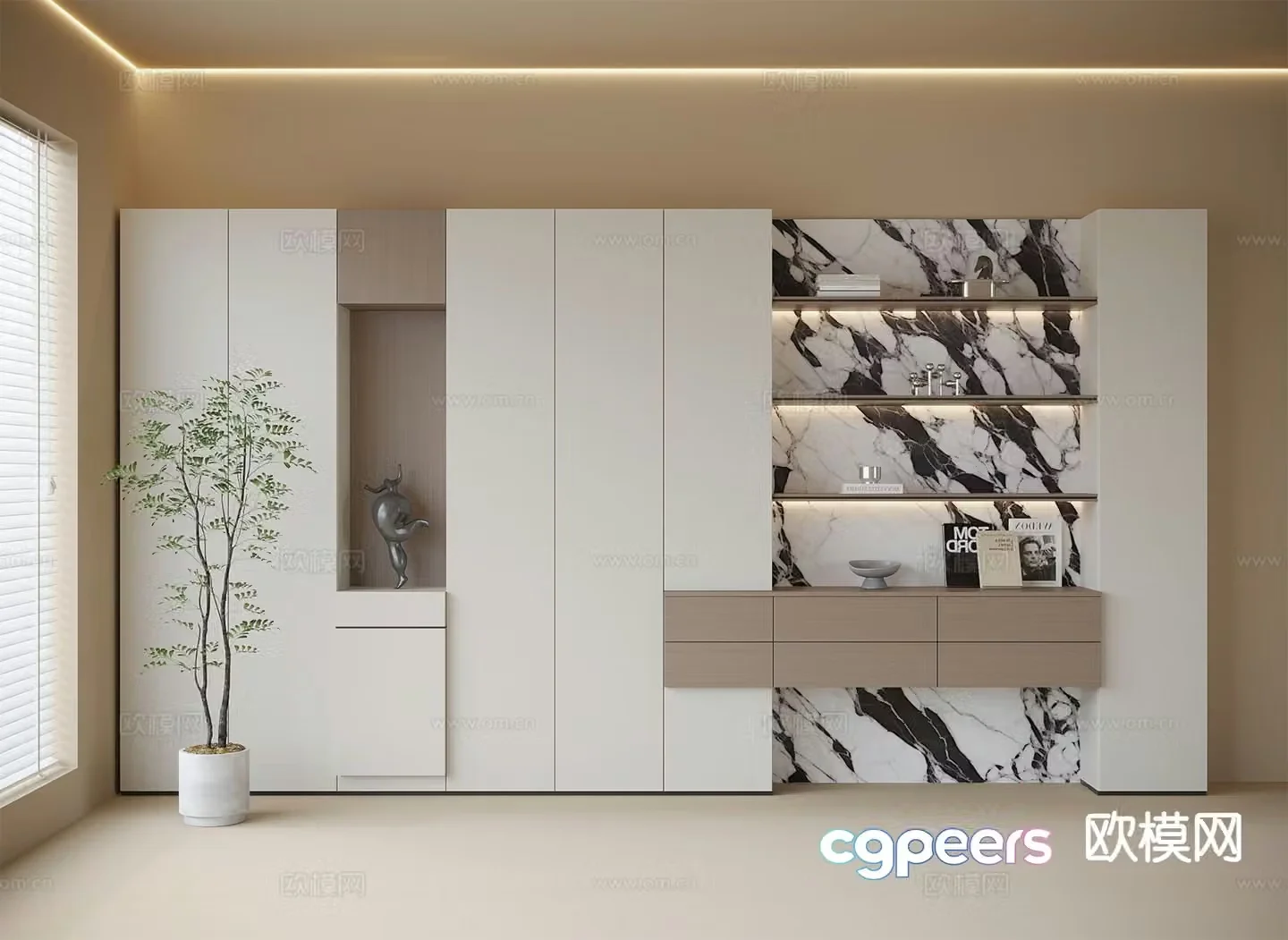 Modern wall-to-wall bookcase display cabinet 3D model
