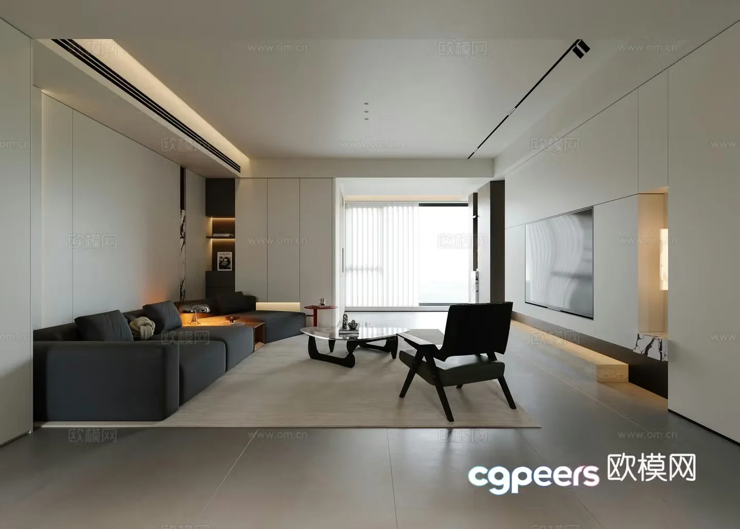 Modern minimalist living and dining room 3D model