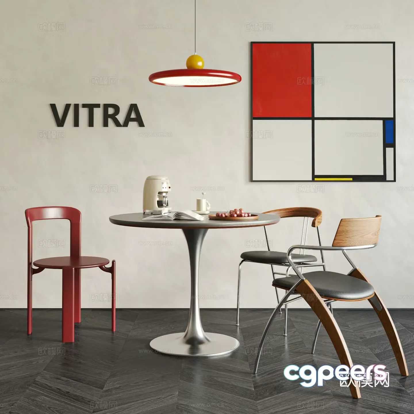 Middle style dining table and chair casual table and chair Bauhaus Memphis Mondrian Chandelier 3D model