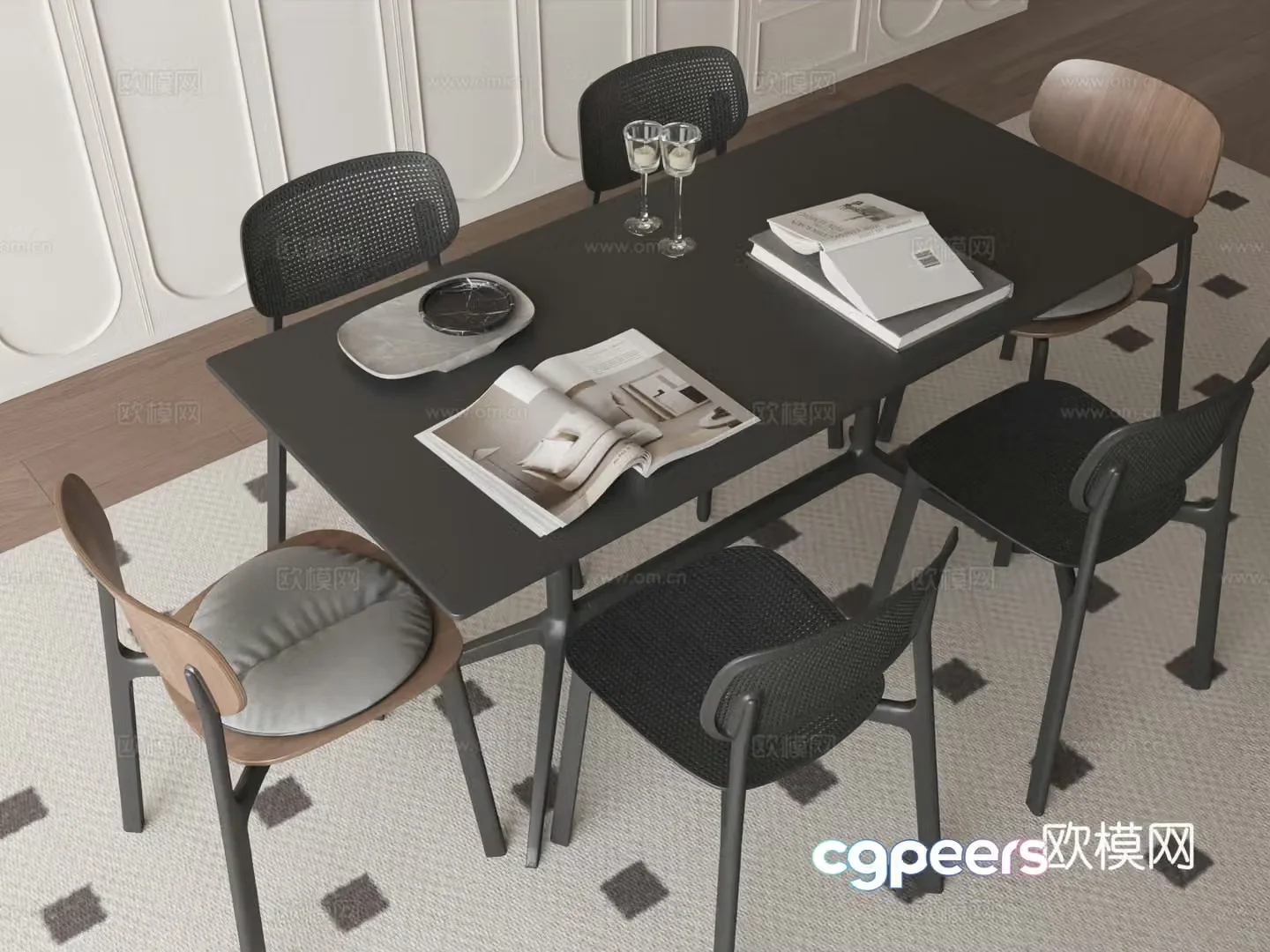 Modern minimalist dining table and chairs rectangular dining table and chairs 3d model