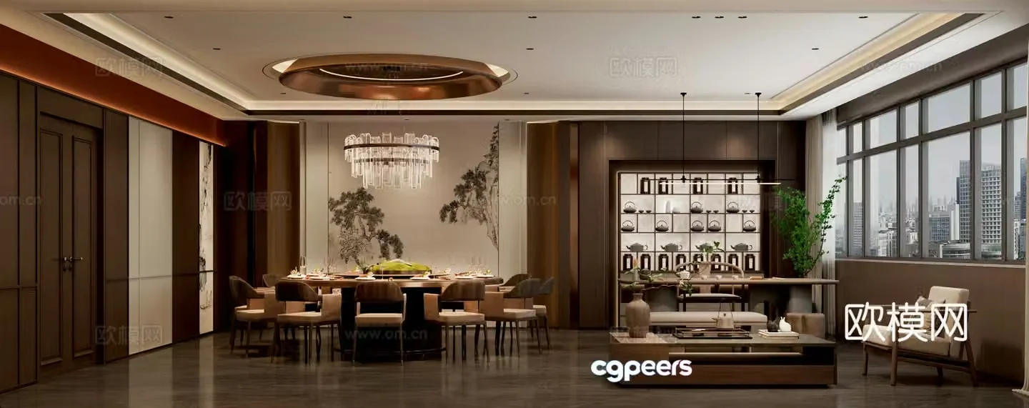 New Chinese style meal bag round ceiling tea table 3D model