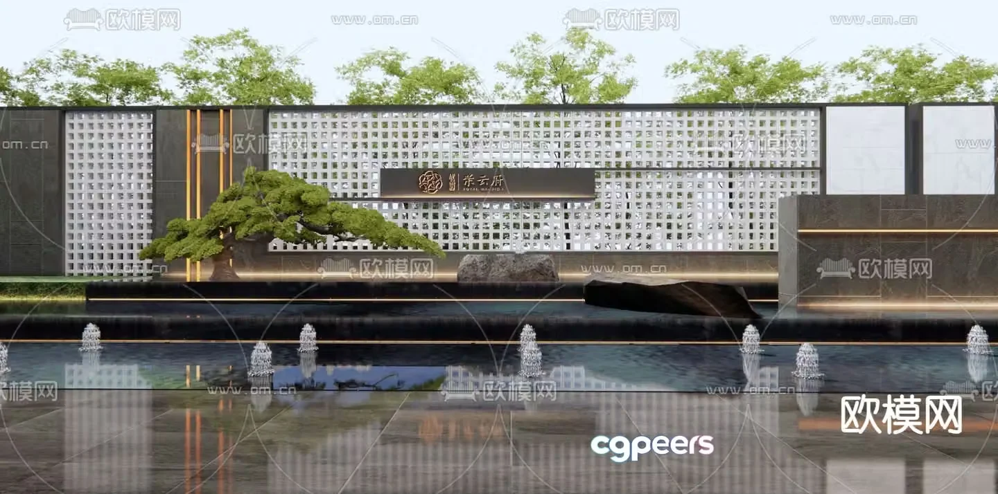 New Chinese style water feature wall fountain pool sketch 3D model