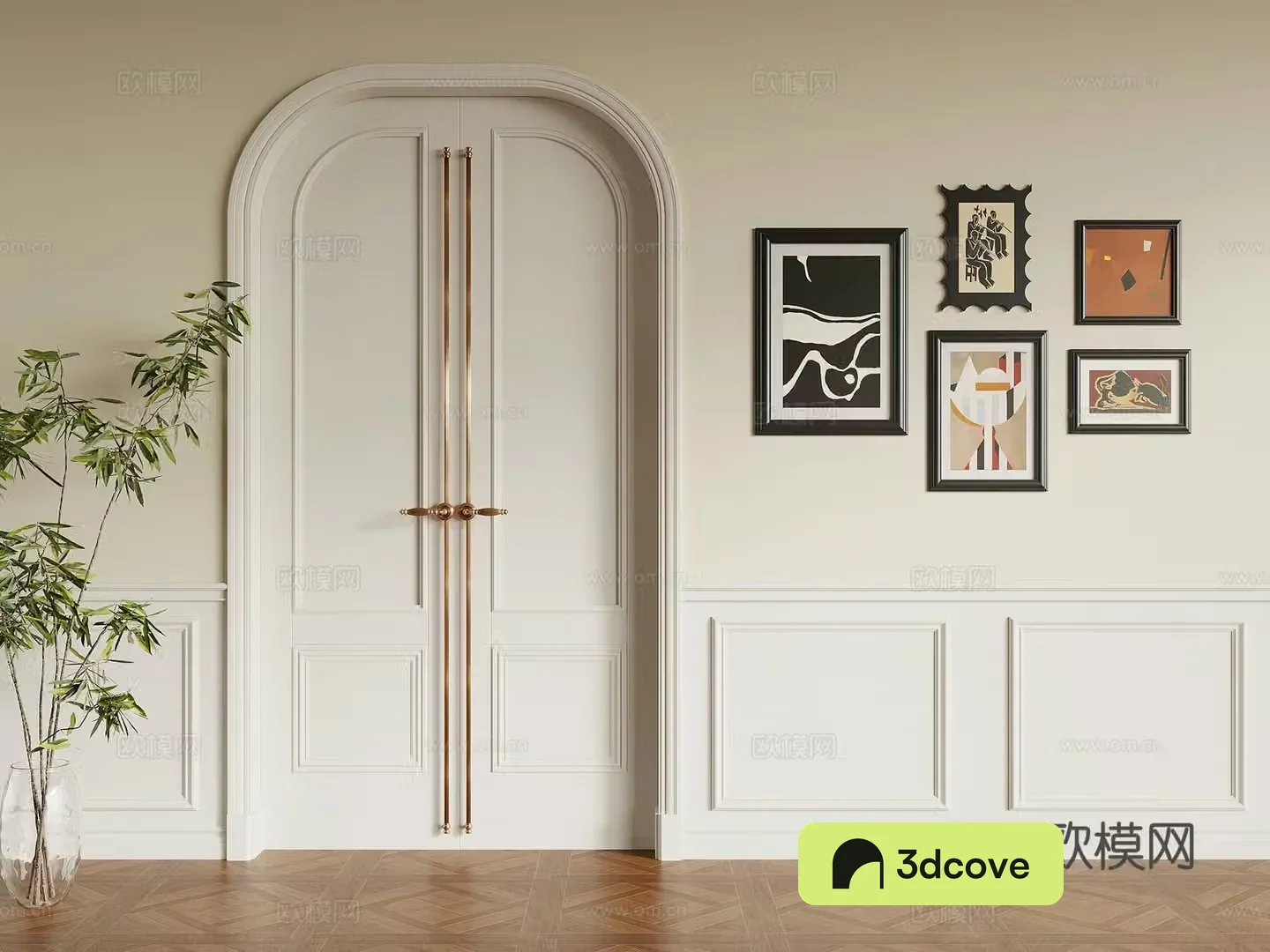 French double door wall skirt wall panel green plants hanging painting