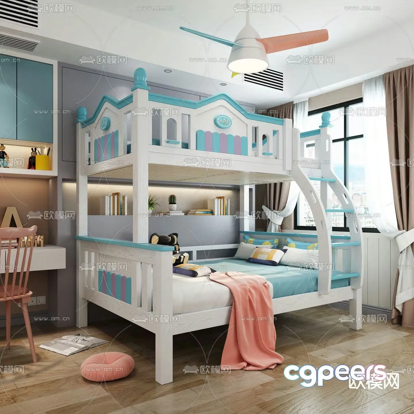 Double-decker children’s bed bunk beds high and low beds 3D model