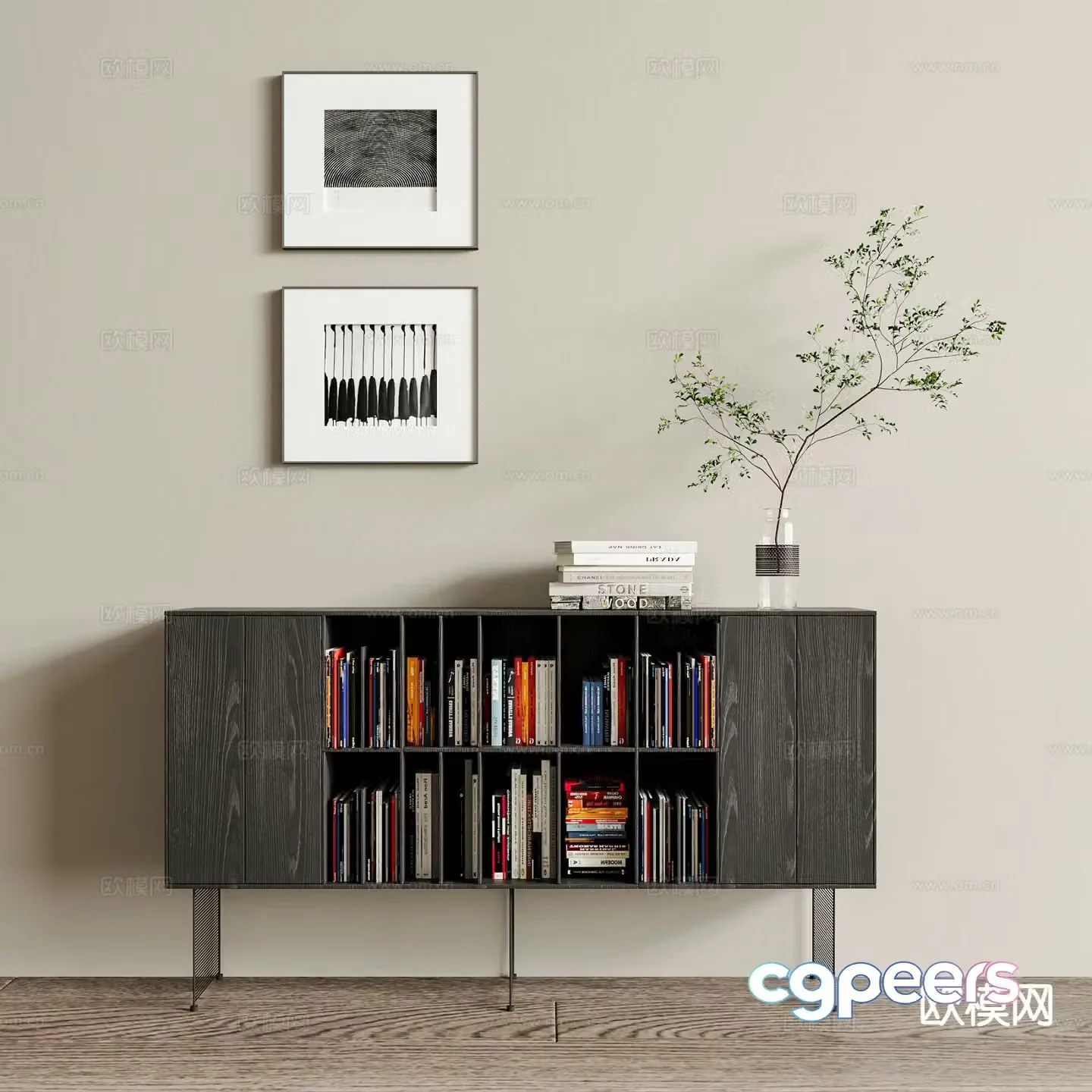 Modern low bookcase bookshelf 3d model