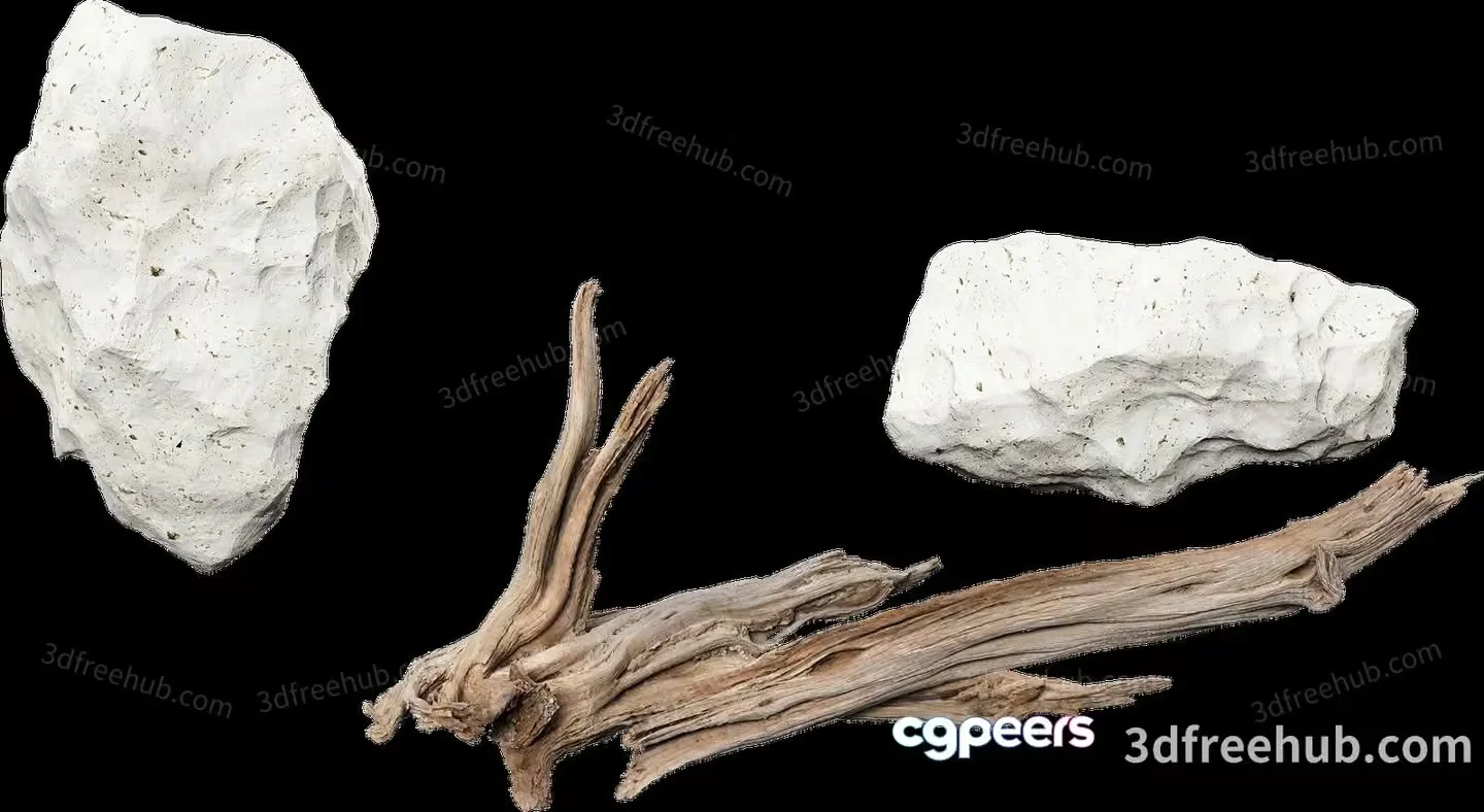 A Piece Of White Rock And A Piece Of Driftwood 3D Model – 21444 – VRAY Render