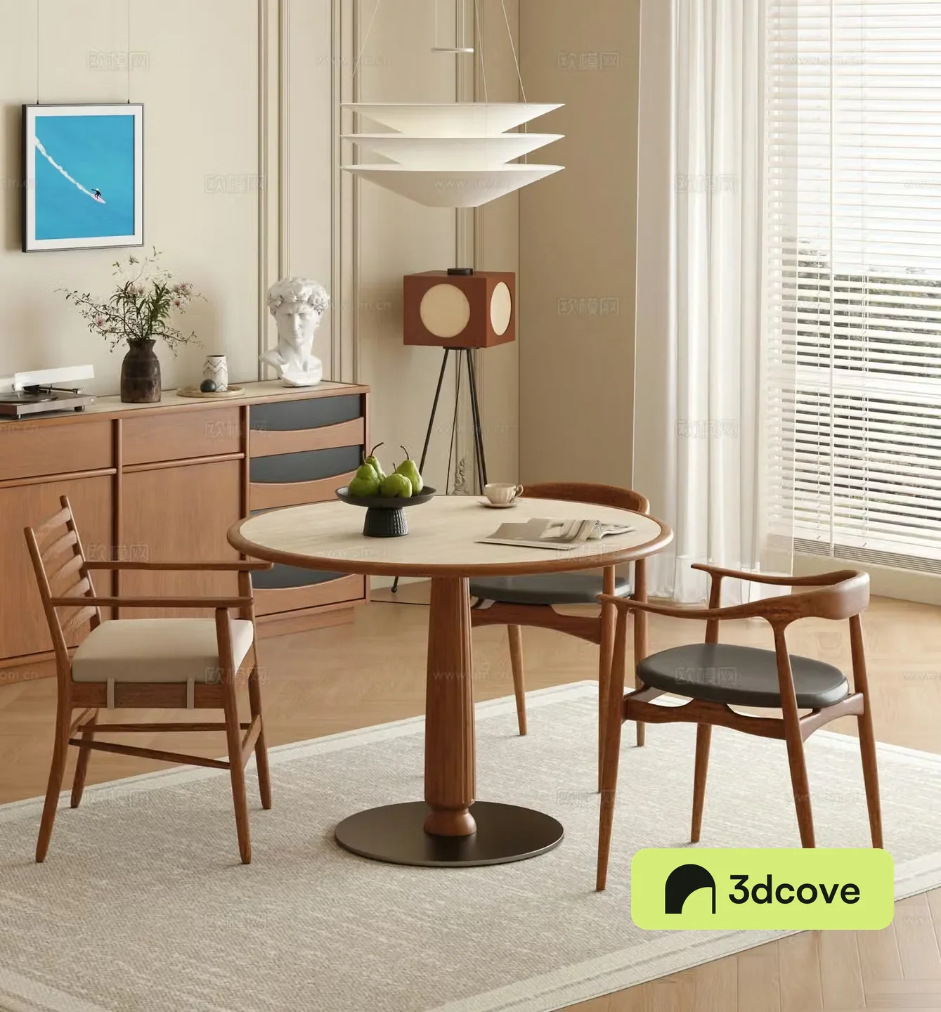 Retro medieval dining table and chairs Round dining table and chairs Medium style restaurant Solid wood sideboard Solid wood round dining table 3D model