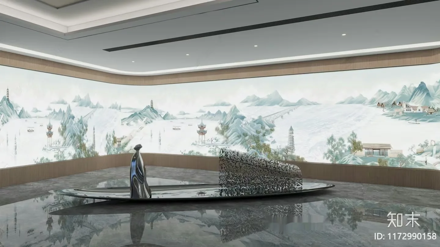 A Large Room With A Mural On The Wall And A Statue In The Center 3D Model – 6663 – CORONA Render