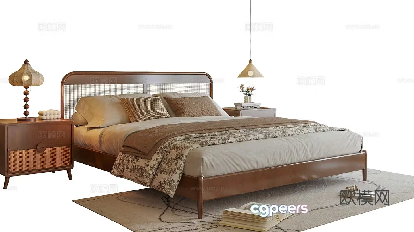 Modern double bed bedside table bedside chandeliers 3d model