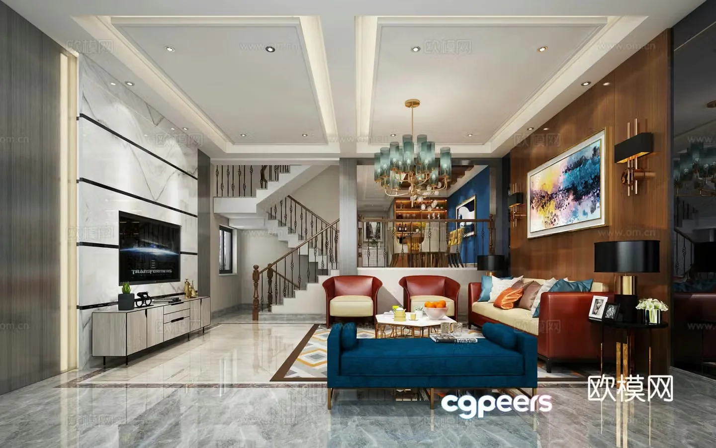 Modern living room sofa coffee table carpet chandelier ornament TV cabinet TV back 3d model