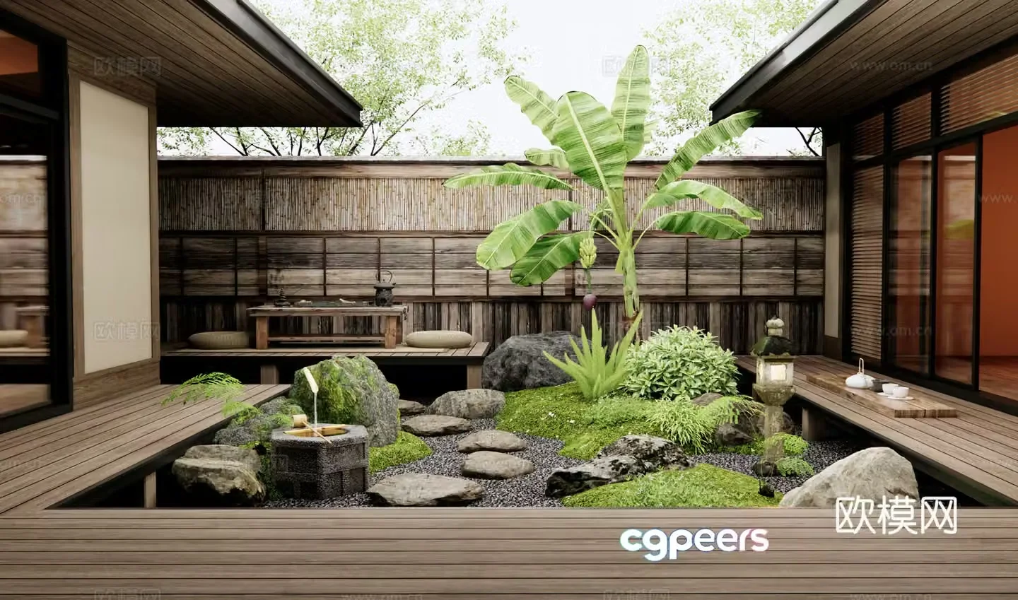 Japanese style dry landscape garden landscape stones tingstep micro-terrain water bowl plant pile 3d model