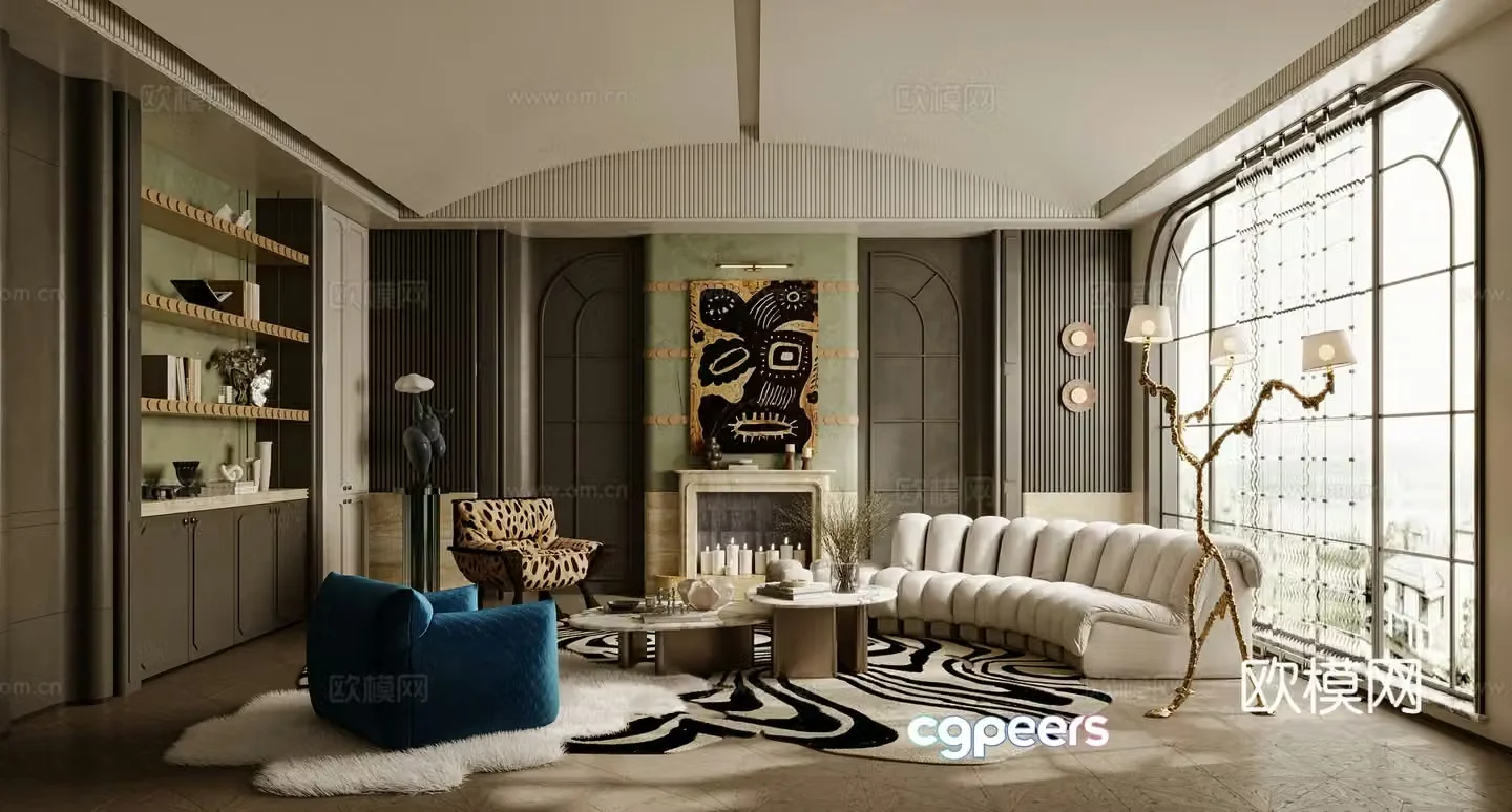 French living room sofa coffee table combination single sofa curved sofa side table 3D model