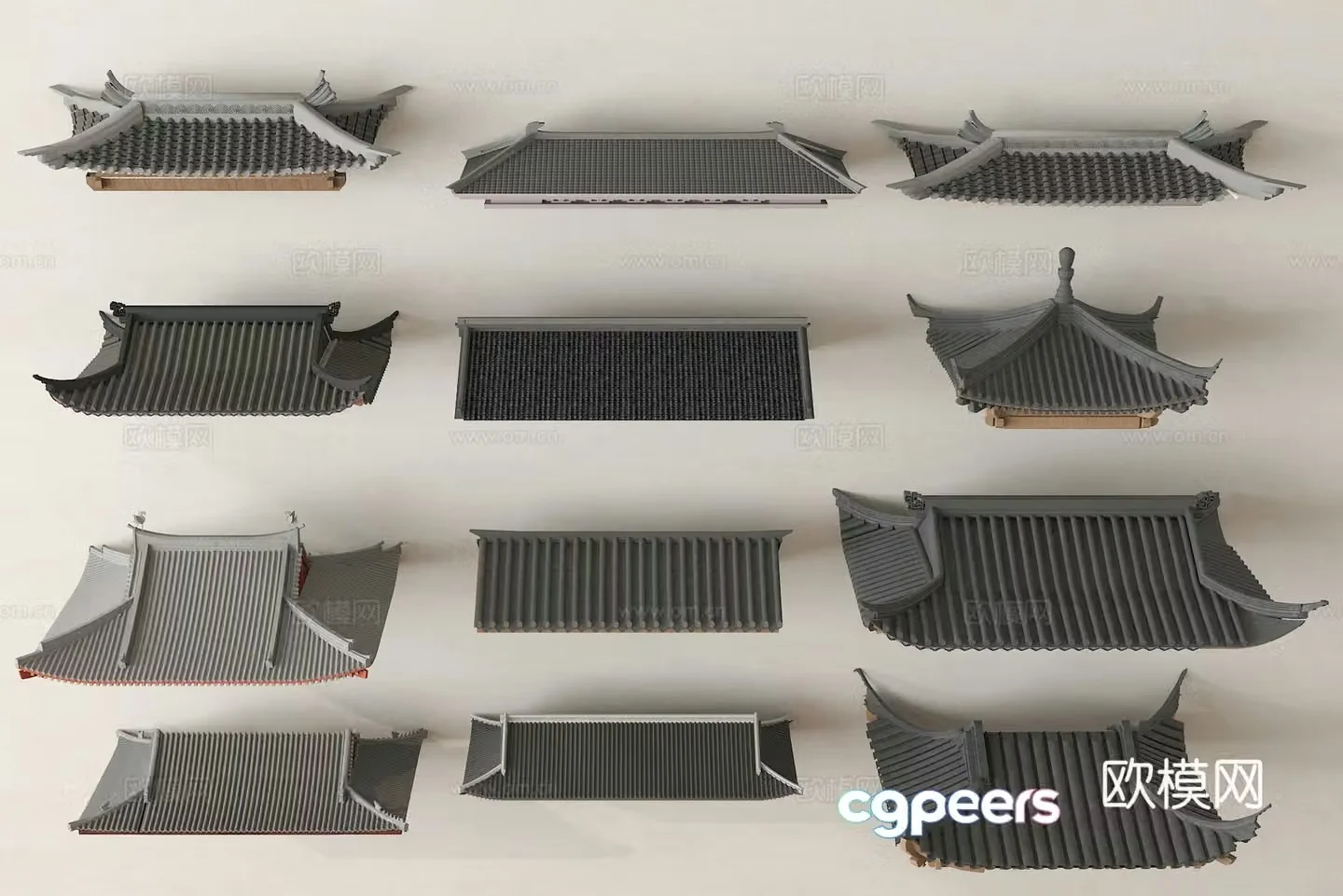 Chinese eaves roof tiles roof ridge 3d model