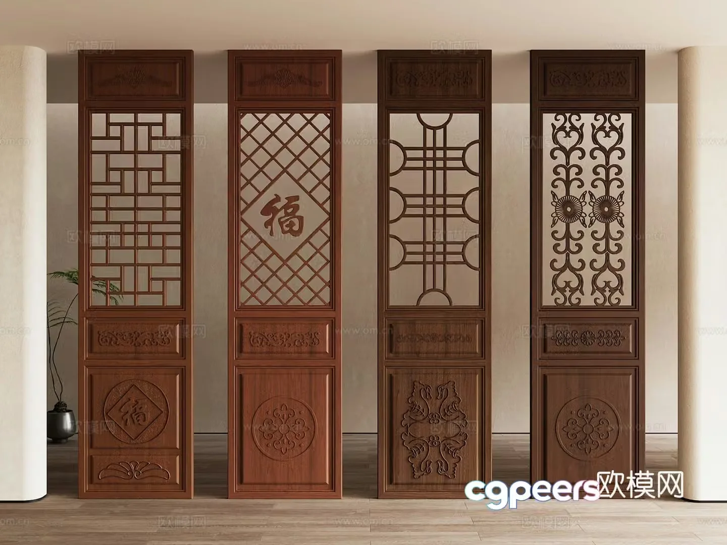 New Chinese style partition screen grid parquet carved wooden partition partition door 3d model