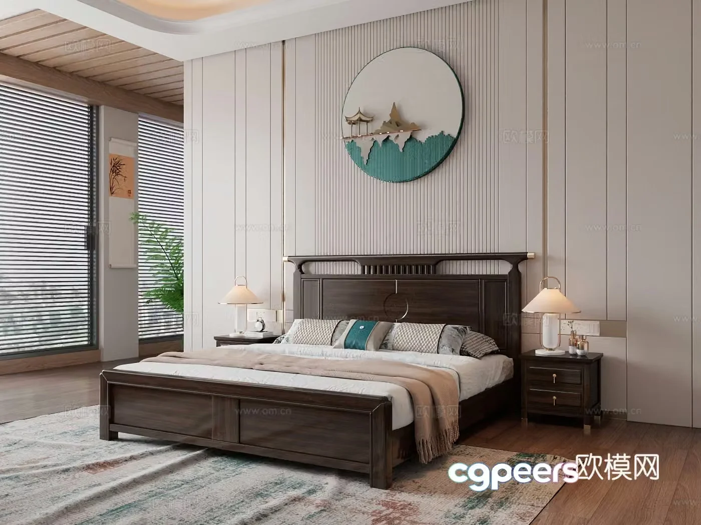 New Chinese style double bed Chinese style solid wood bed Wujin wood bed New Chinese style bedroom space Bedside table 3D model