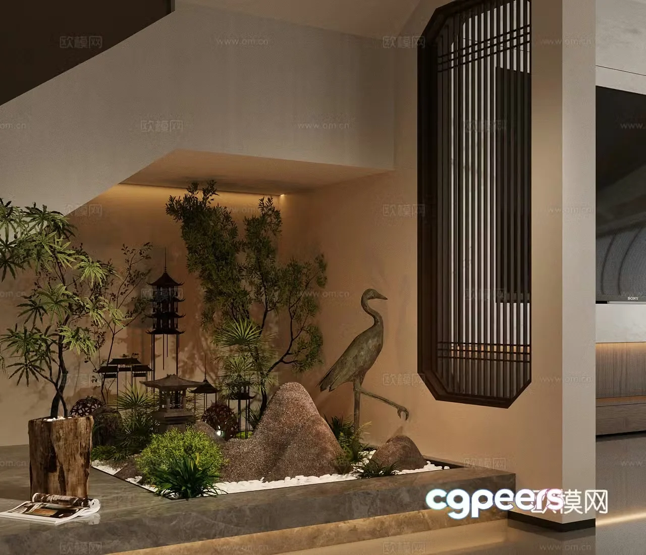 New Chinese Zen interior landscape New Chinese landscape landscape Crane sculpture Chinese stairwell landscape 3D model