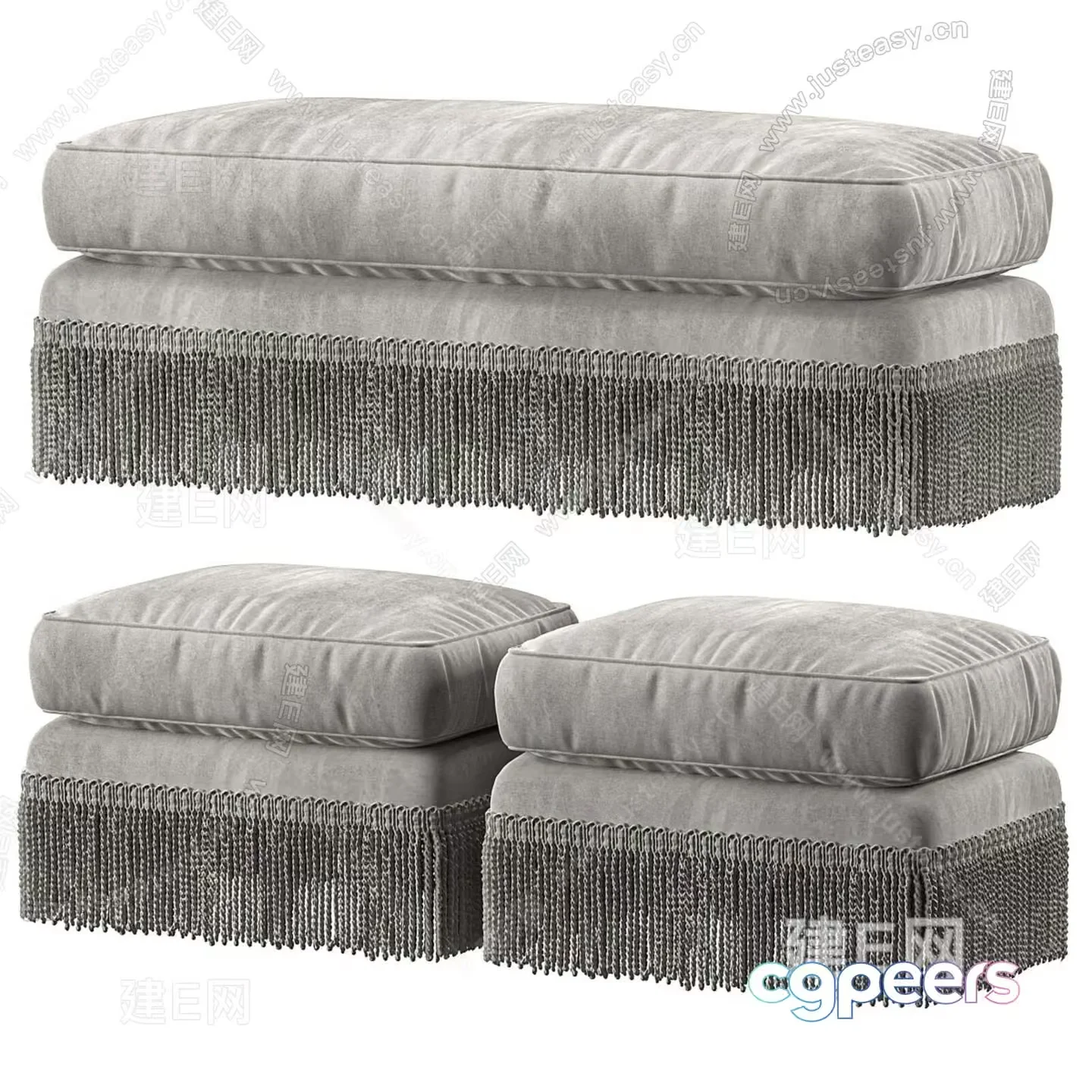 Gray Cushioned Ottomans With Fringe 3D Model – 6827 – VRAY Render