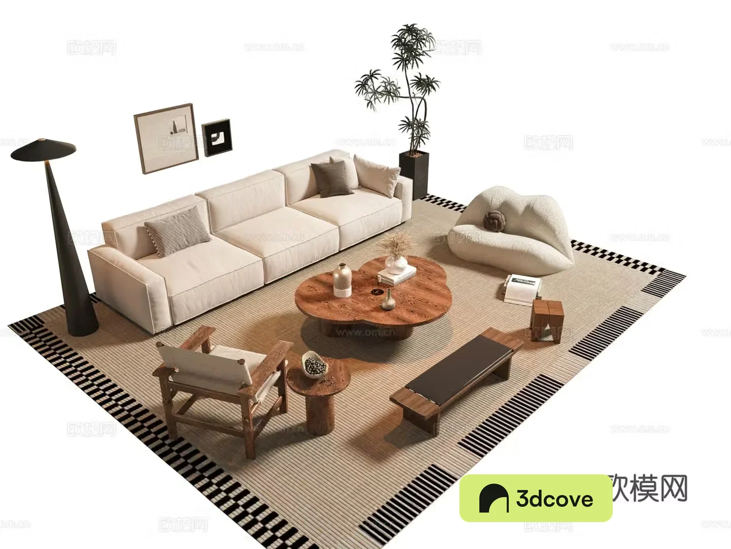 Modern Wasabi Middle Style Sofa Coffee Table Combination Jewelry ornaments Modern Sofa Combination Medium Style 3D Model