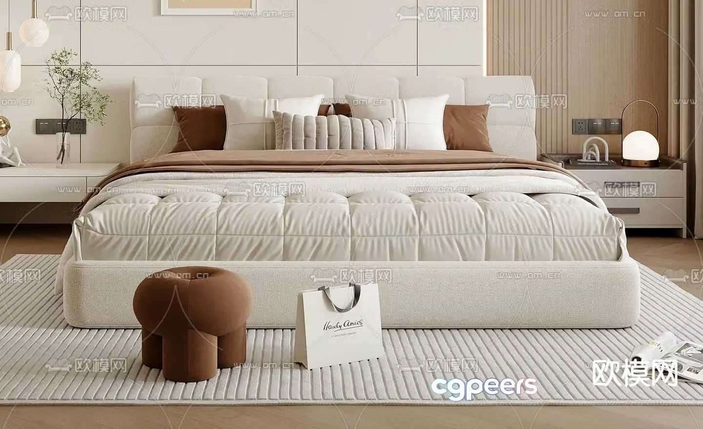 Cream style double bed 3d model