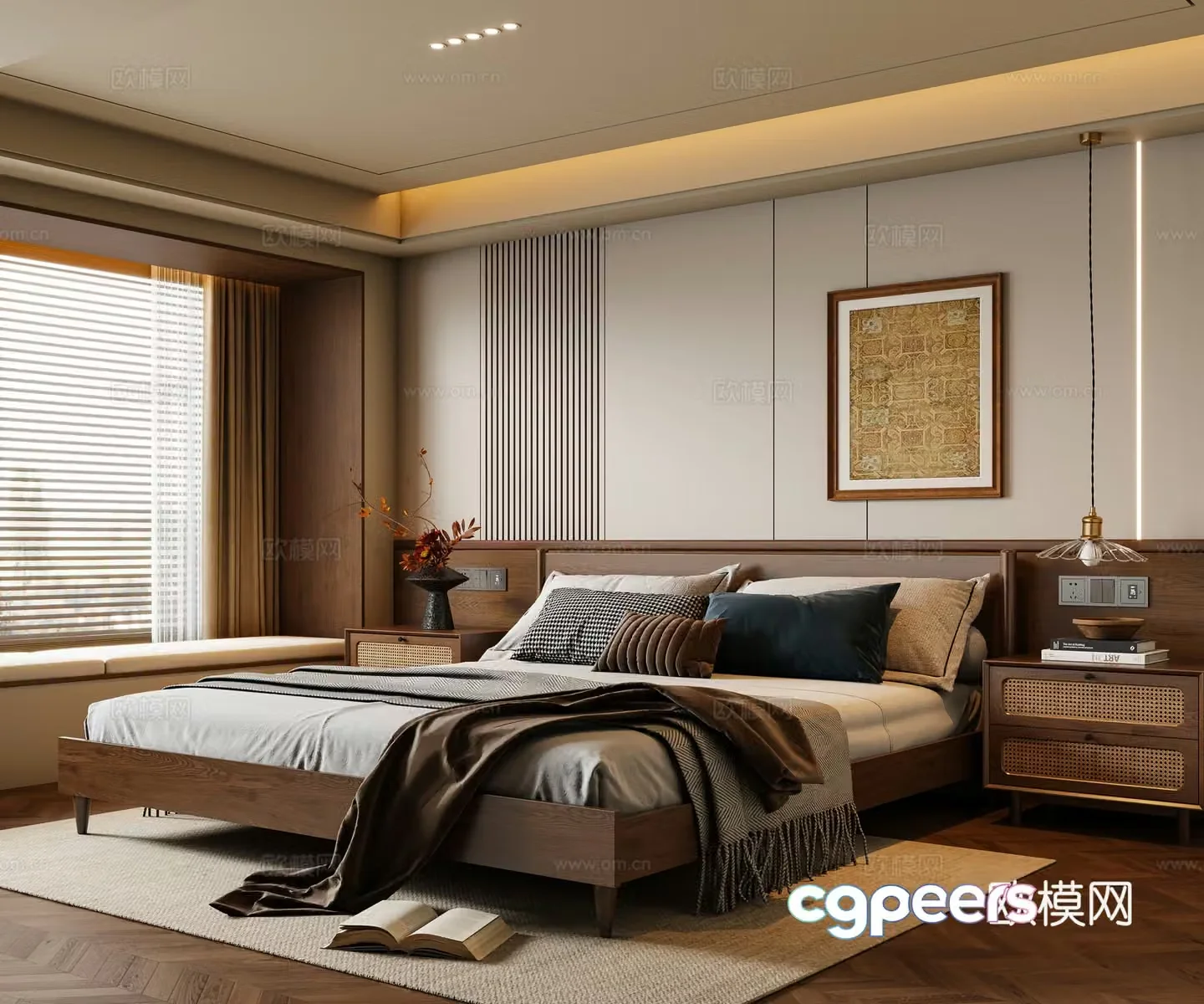Middle-aged bedroom solid wood double bed nightstand chandeliers hanging paintings carpet 3D model