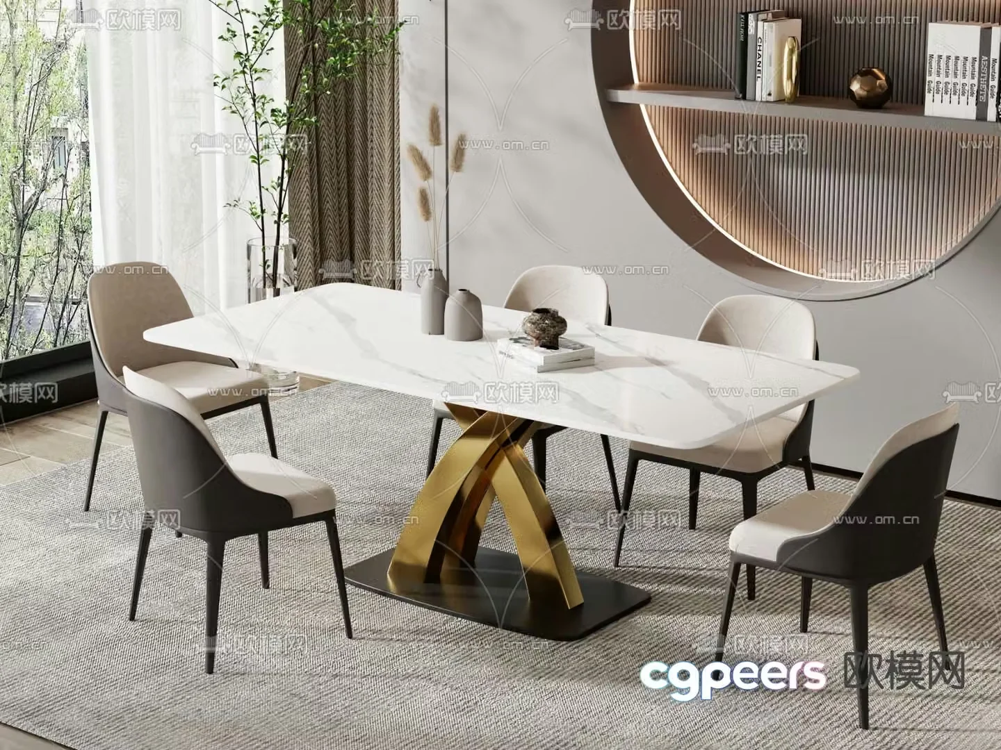 Long dining table and chairs 3d model