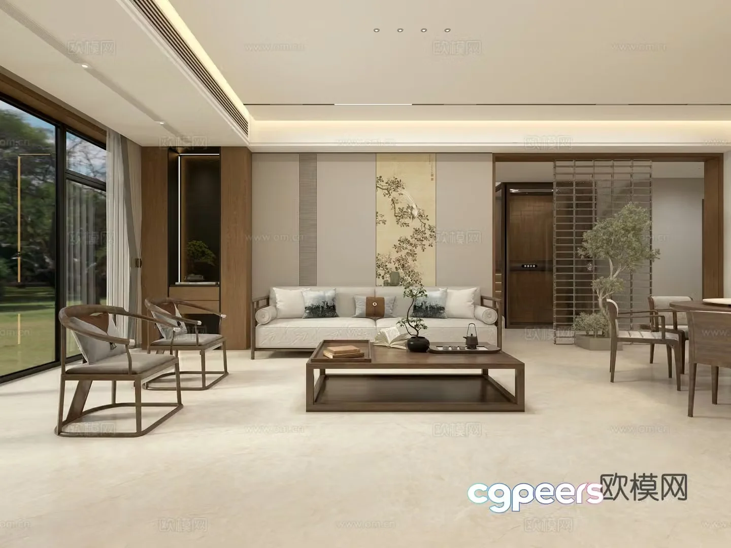 New Chinese style living restaurant Song’s aesthetic living restaurant round dining table wine cabinet film and television wall glass elevator 3D model
