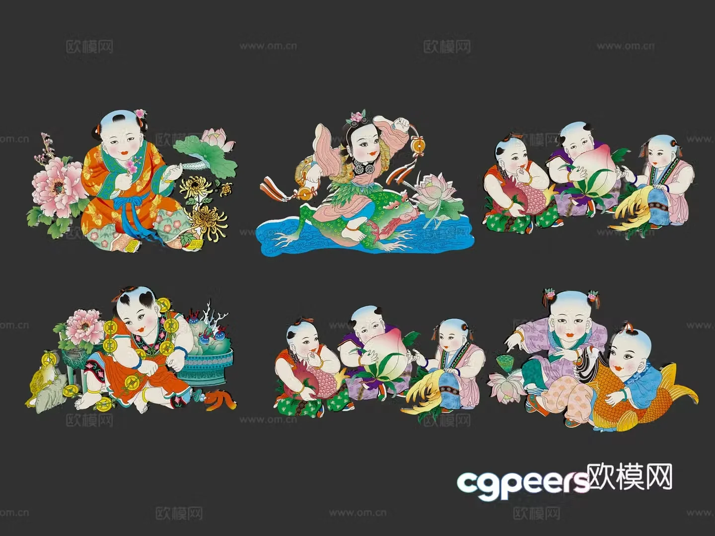 New Year painting auspicious and wealthy children boys tradition hand-painted wall decoration decoration elements symbols 3d model