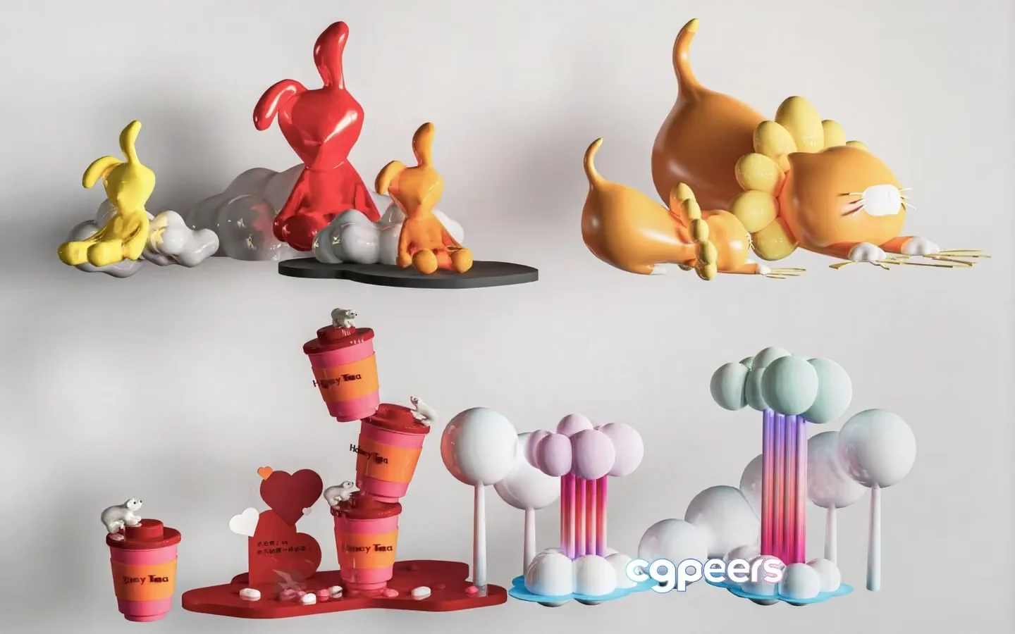 A 3D Model Of A Whimsical Scene Featuring Cartoon Animals 3D Model – 9618 – CORONA Render