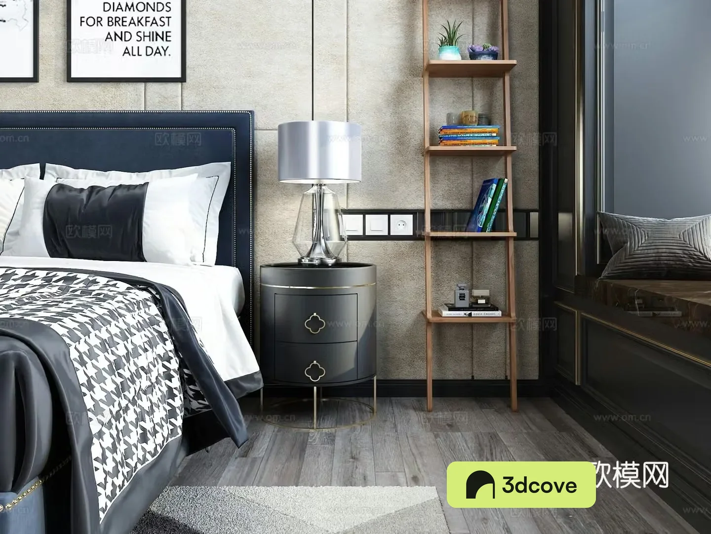 Nordic bed bookshelf bedroom painting desk lamp carpet