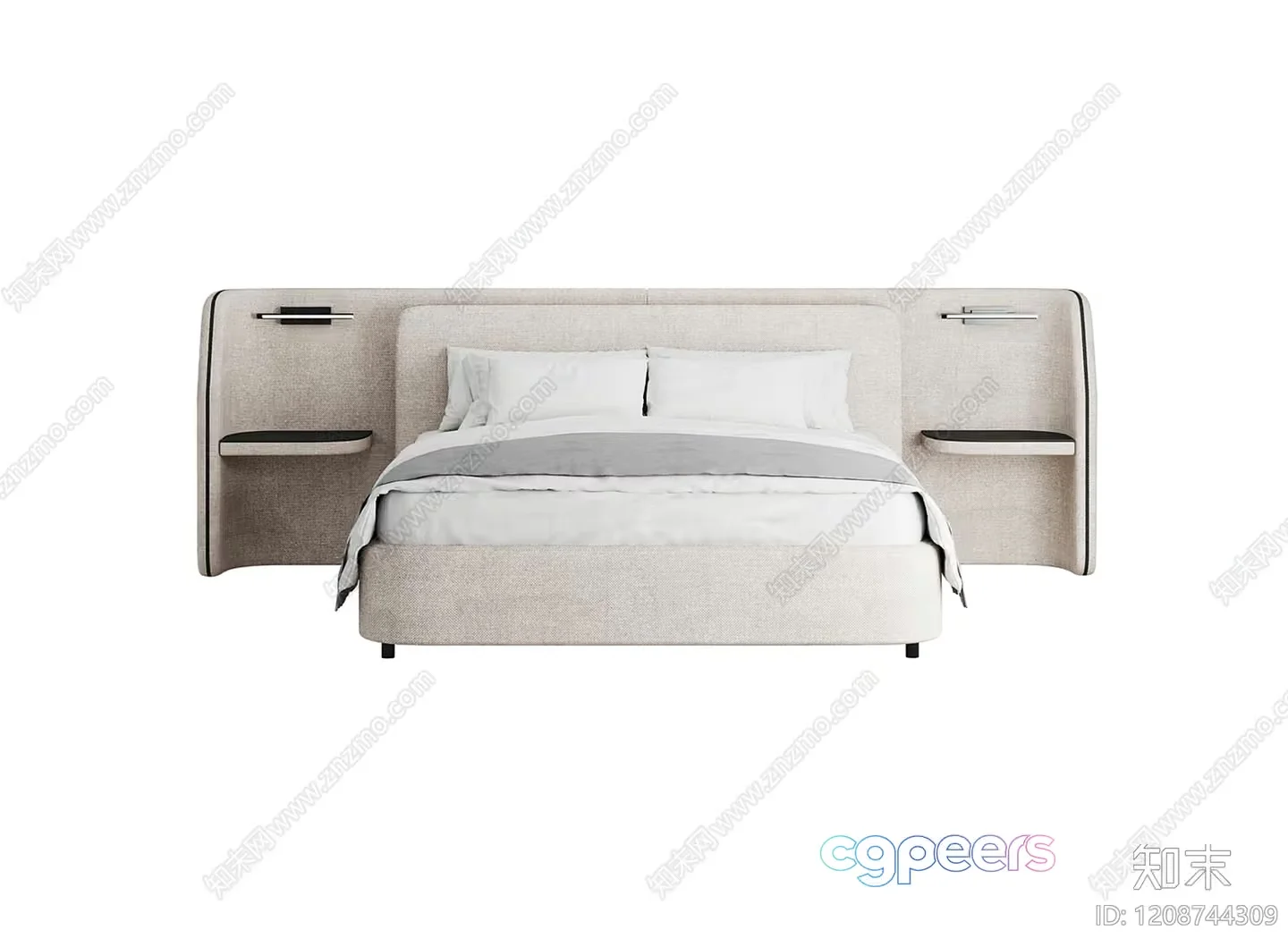 A Bed With A Beige Headboard And Matching Nightstands 3D Model – 22097 – VRAY Render