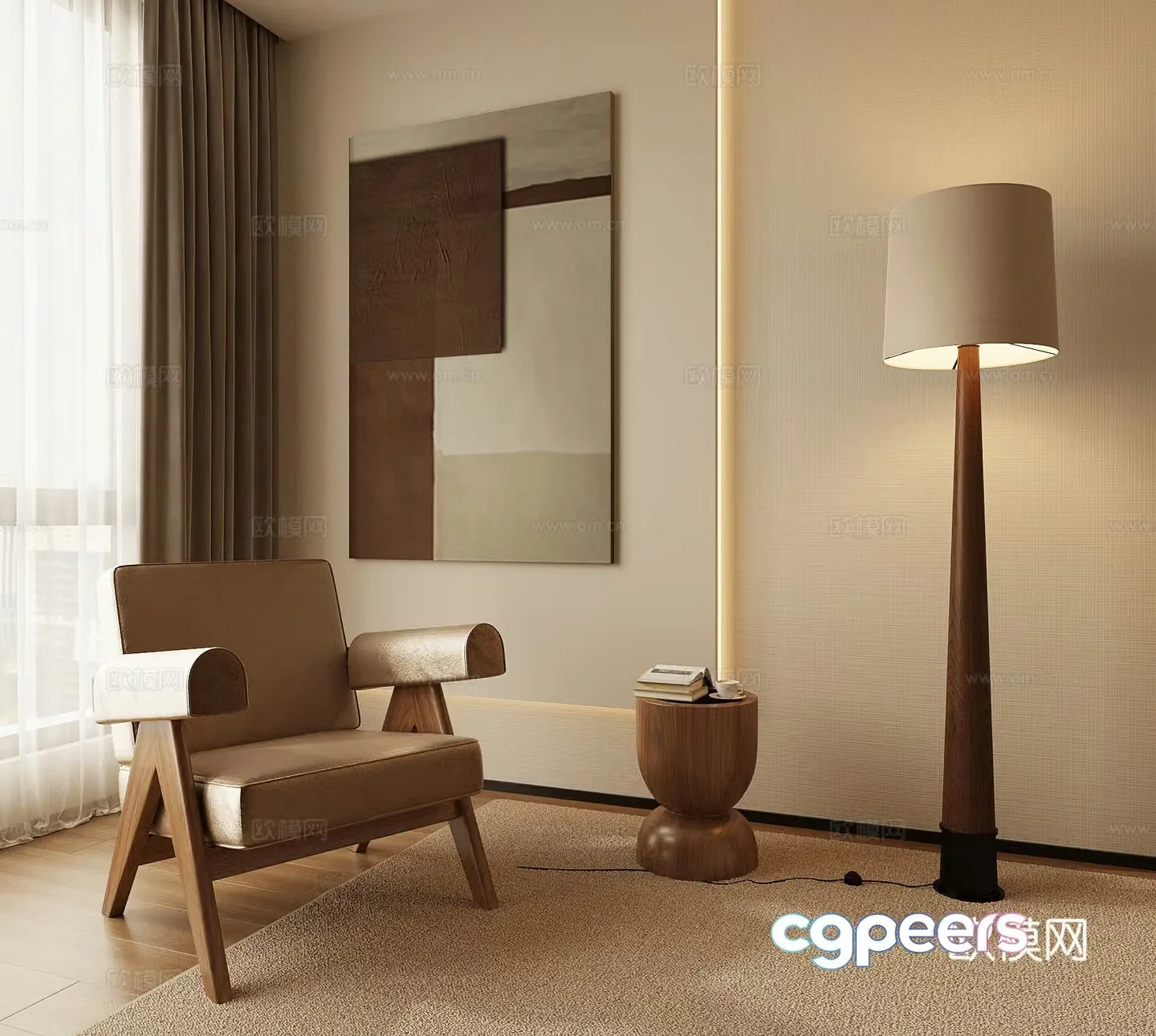 Middle-aged floor lamp leisure chair decorative painting side 3D model