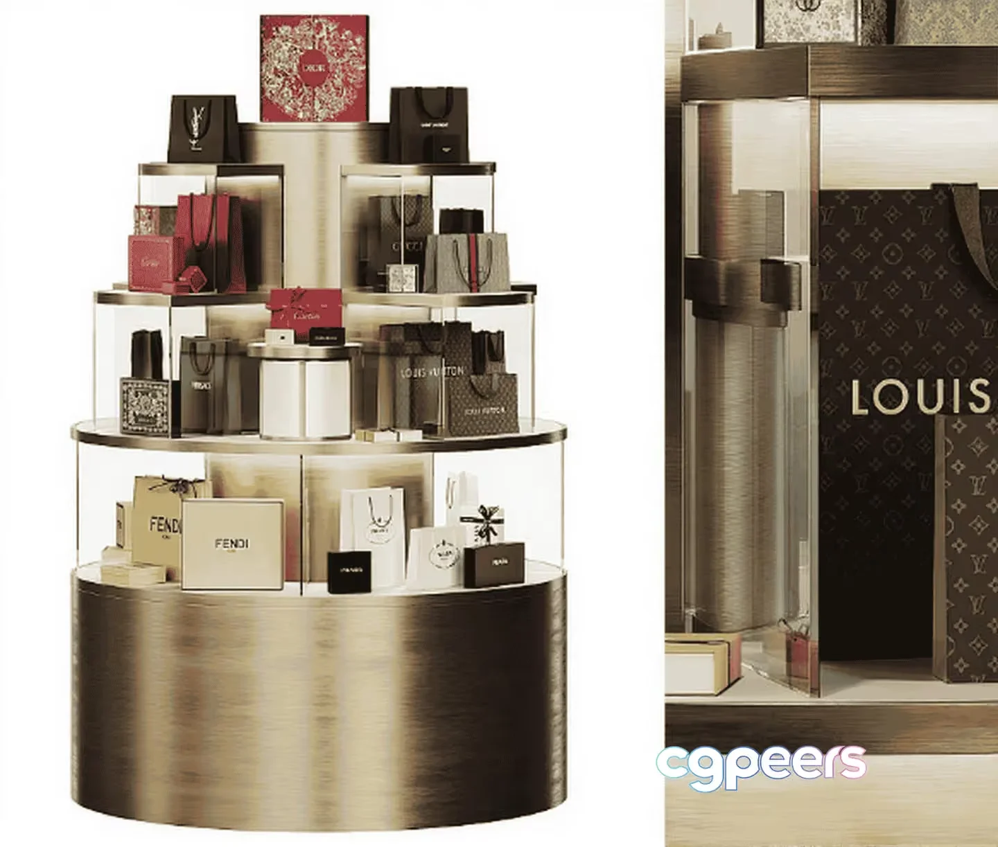 A Display Case With Luxury Brand Items 3D Model – 11342 – CORONA Render