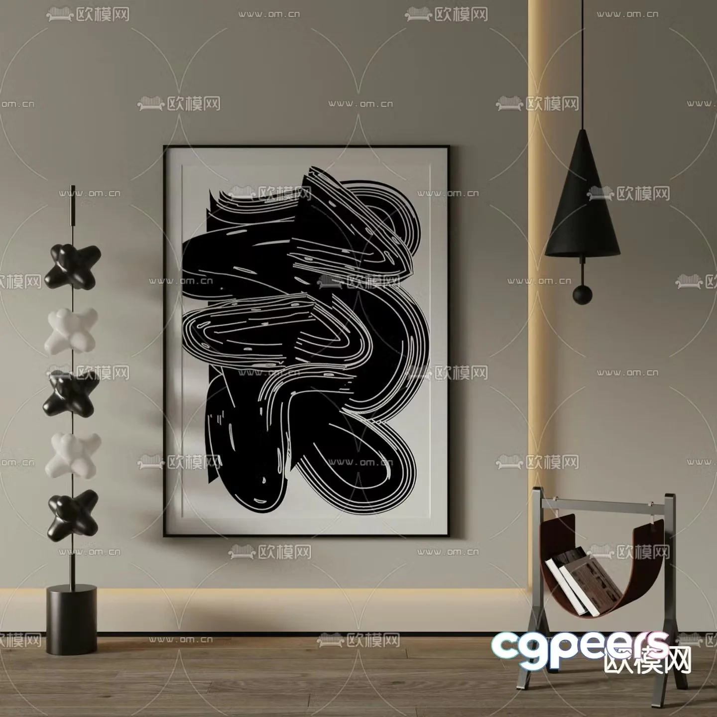 Modern decorative painting Abstract painting Black and white painting 3d model