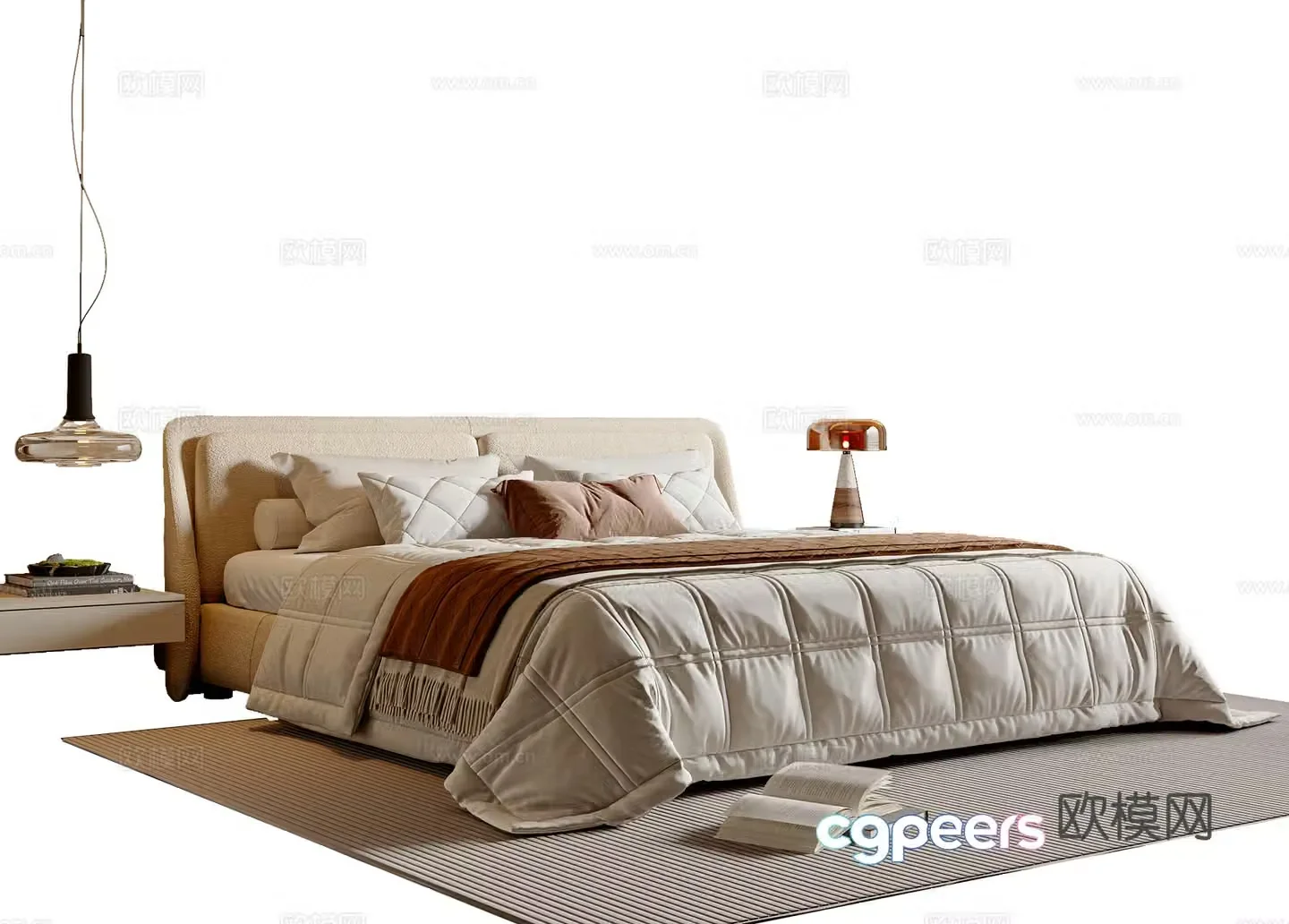 Modern simple double bed fabric bed double bed chandelier table lamp 3d model