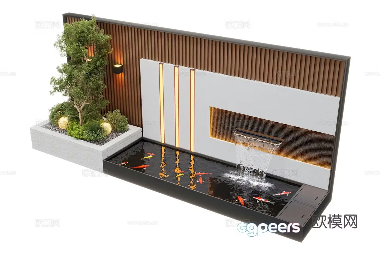 Modern courtyard waterscape waterscape wall stacked water landscape plants fish pond 3d model