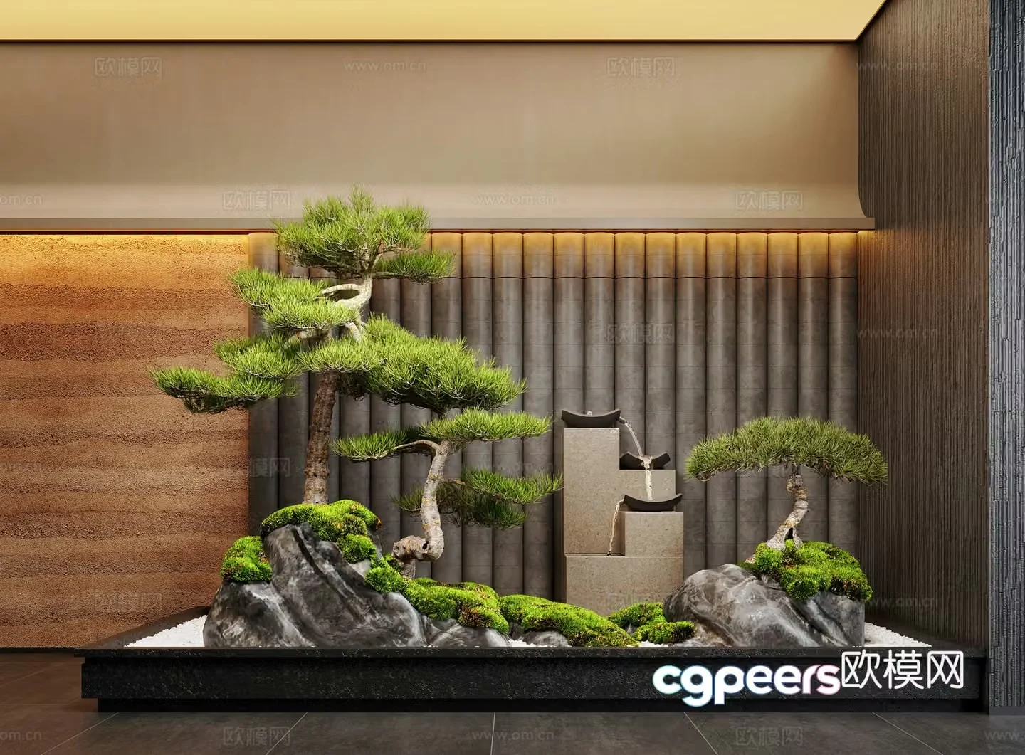 New Chinese style indoor landscape plant landscaping pine trees moss landscape stones 3D model