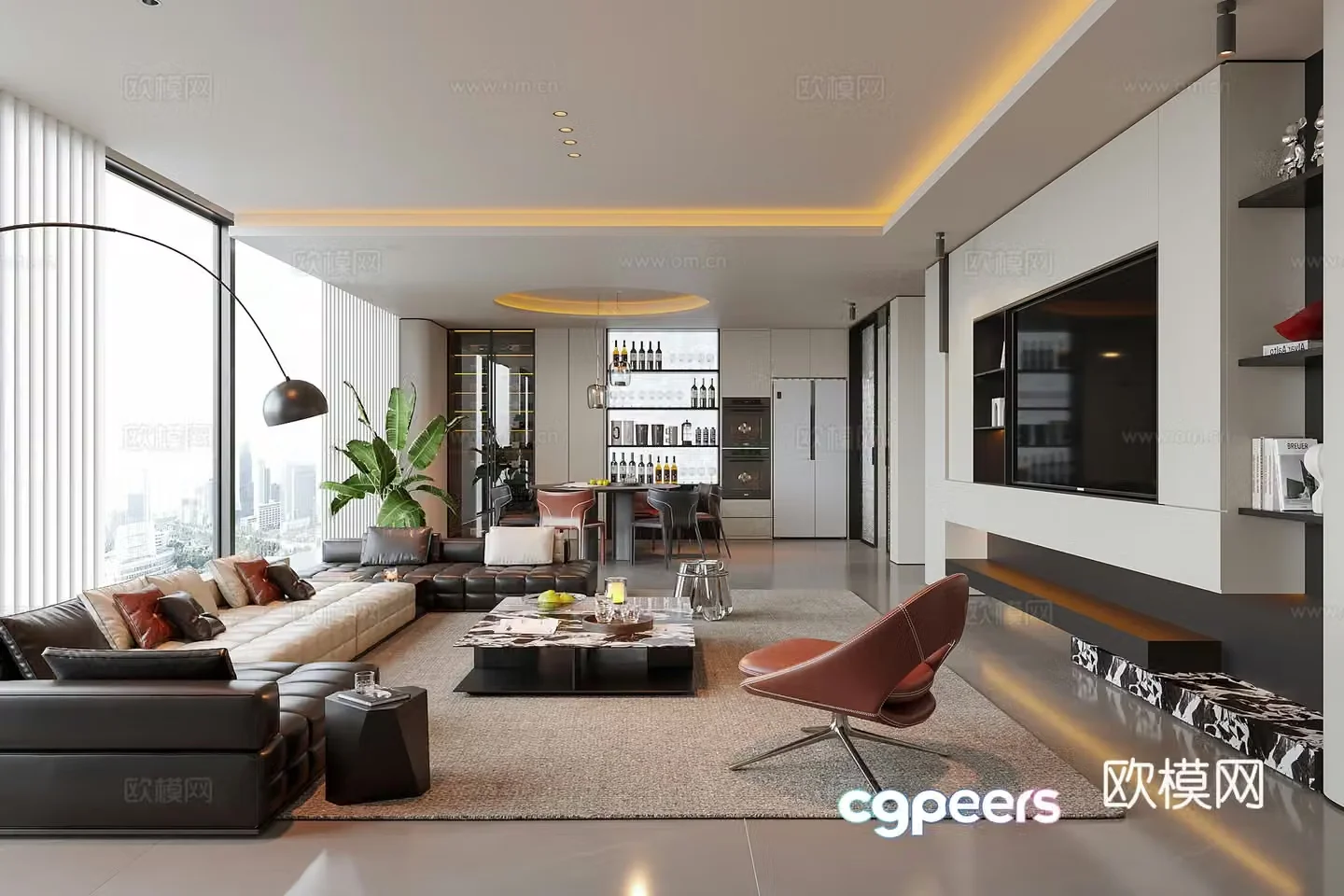 Modern living and dining room living room sofa coffee table multi-person sofa TV background wall 3D model