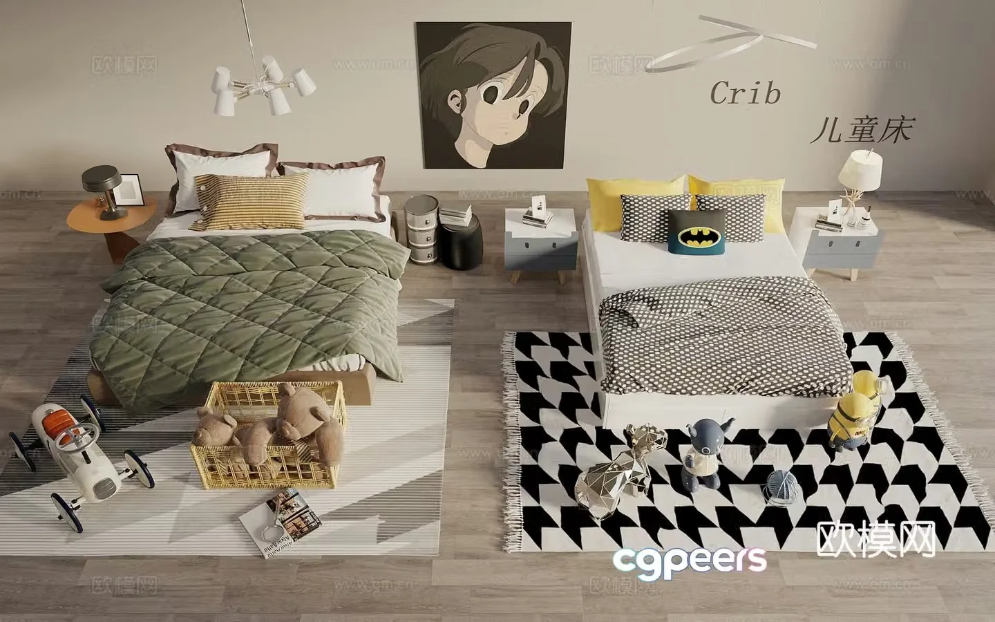 Modern children’s bed nightstand toys chandeliers hanging painting 3d model