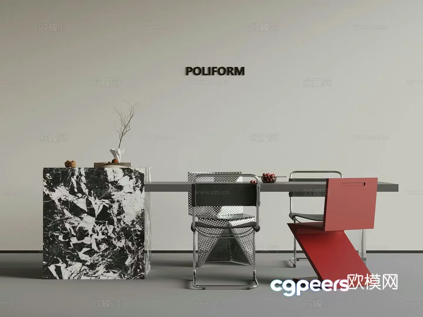 Modern simple bar island dining table and chair 3D model