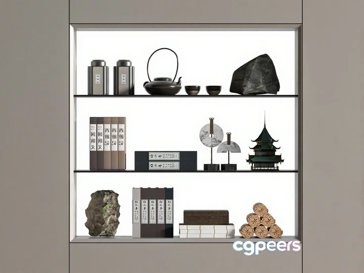 Asian Decorated Shelves 3D Model – 13578 – VRAY Render