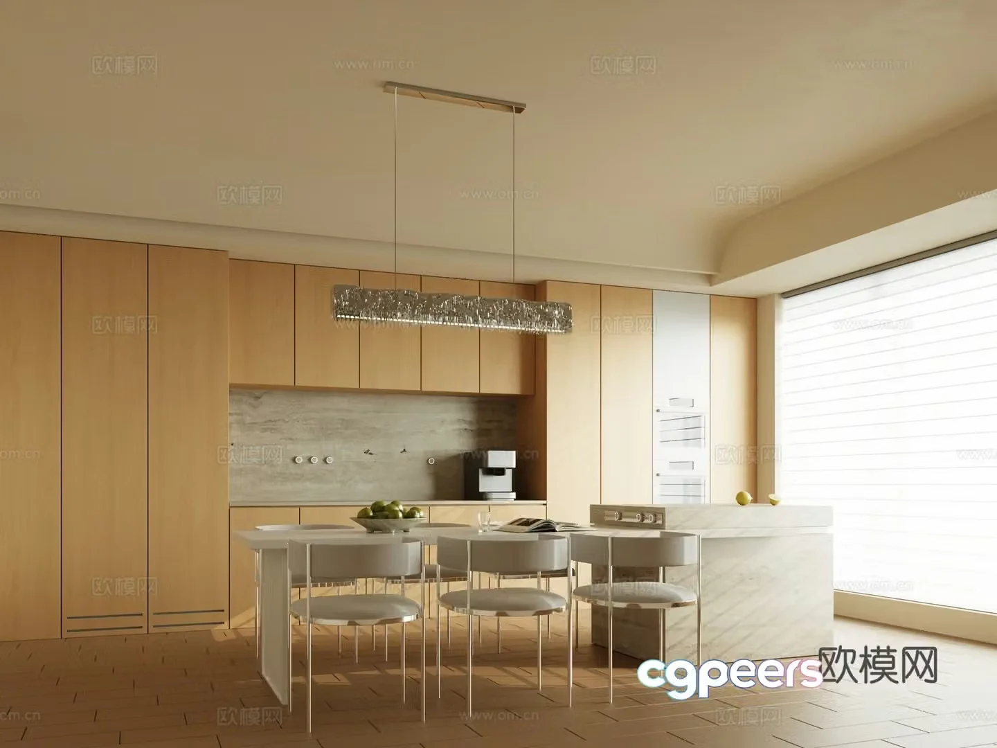 Cream minimalist villa restaurant Open restaurant Long table restaurant Island restaurant 3d model
