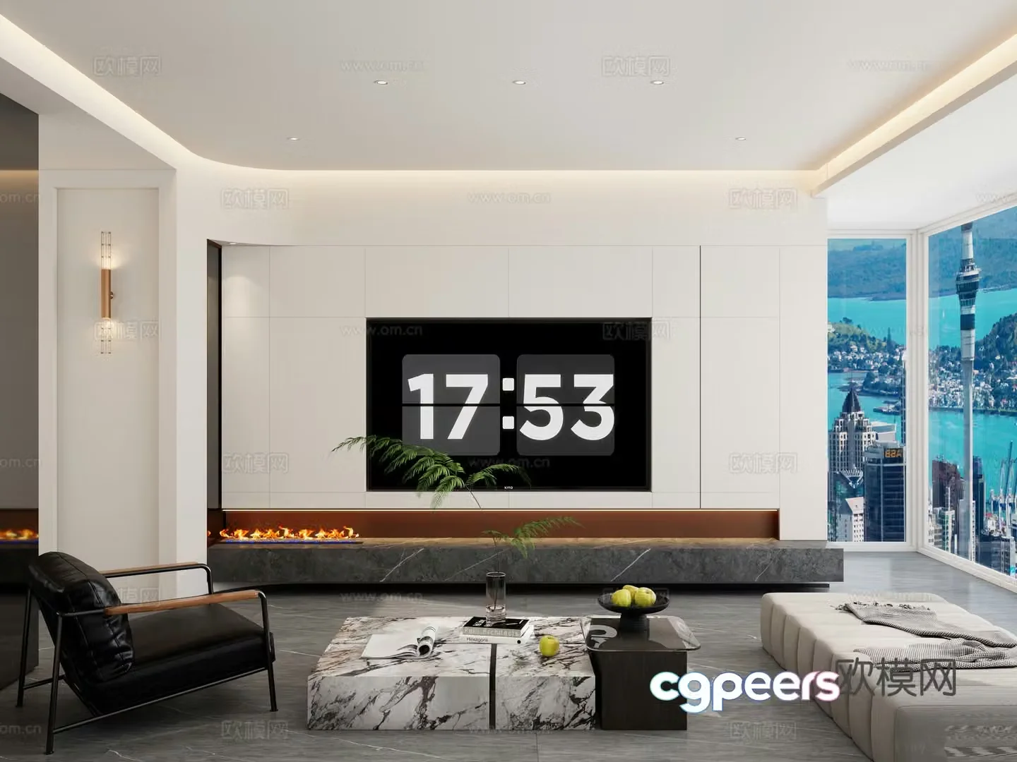 Italian cream style curved shape embedded suspended floor large flat living room TV mysterious 3D model