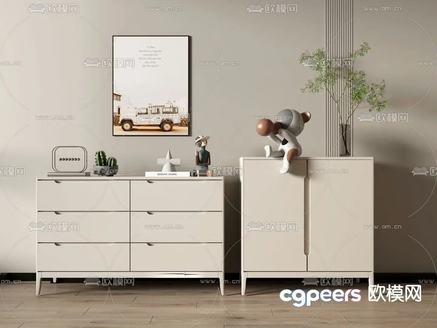 Cream style chest of drawers side cabinet 3d model