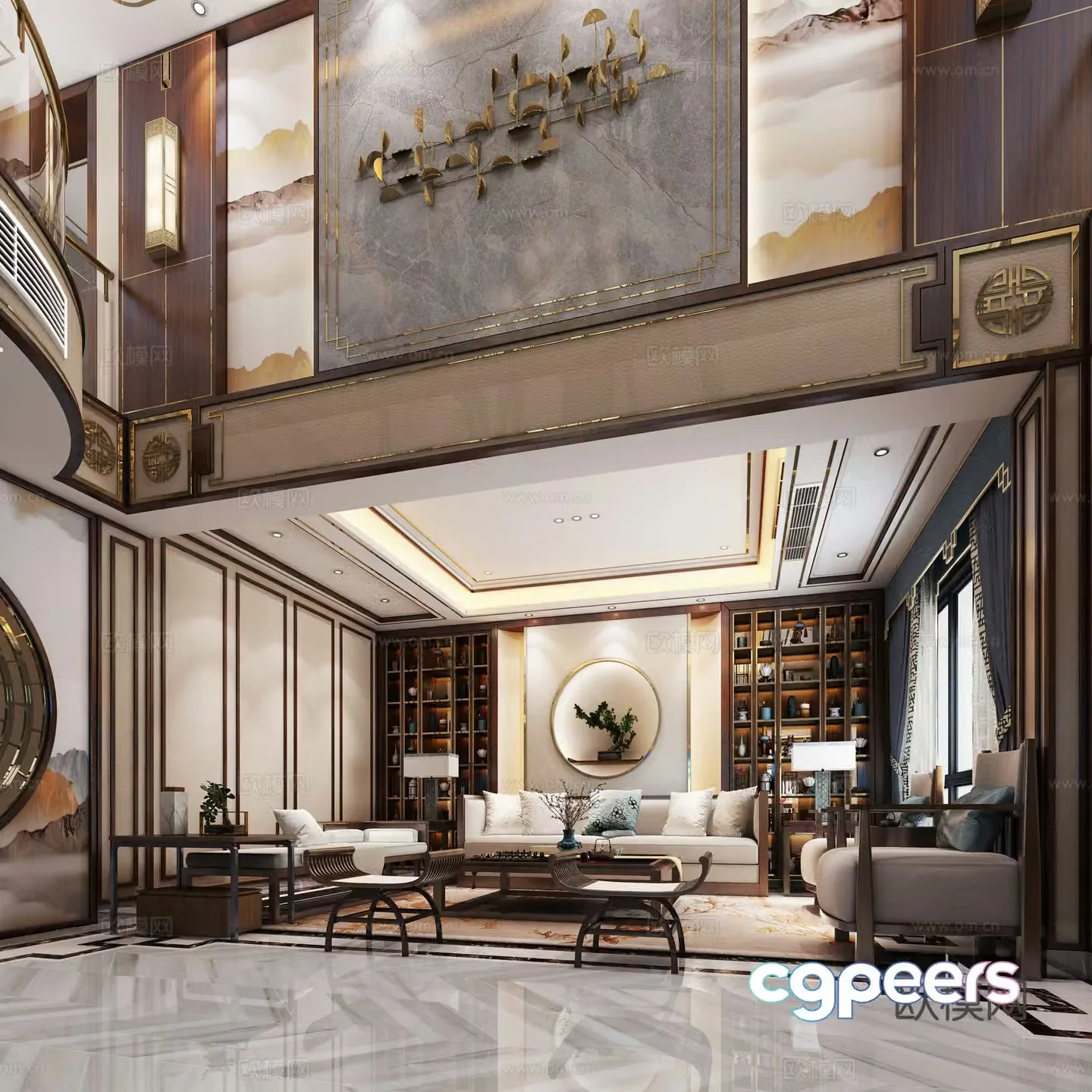New Chinese style villa living room spiral staircase 3D model of styling pass