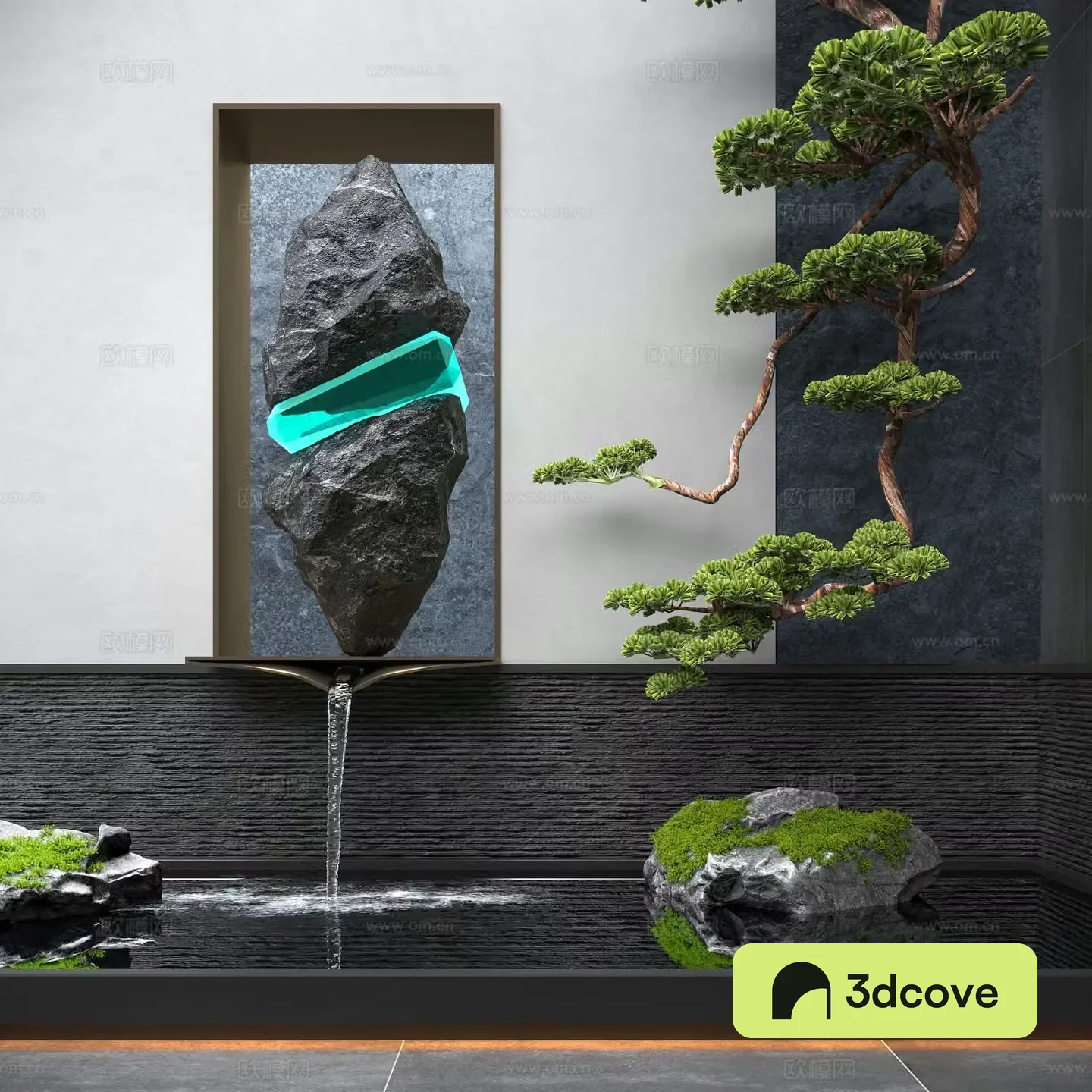 New Chinese style indoor water landscape flowing water landscape stone upside down pine trees