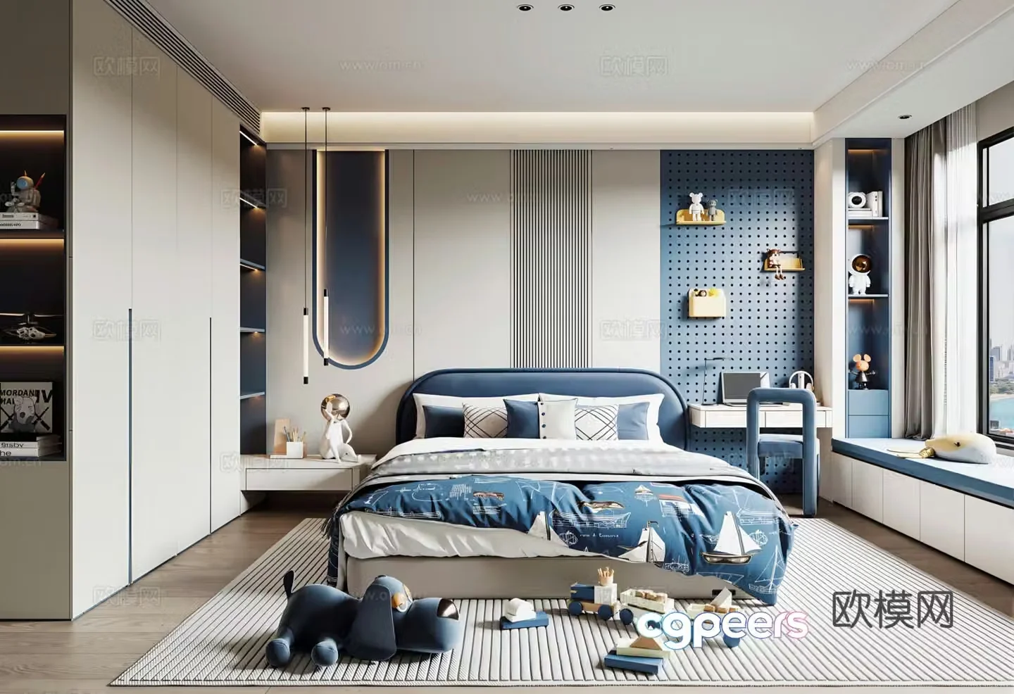 Modern boy children’s room background wall desk chair children’s bed children’s wardrobe toy ornaments 3d model