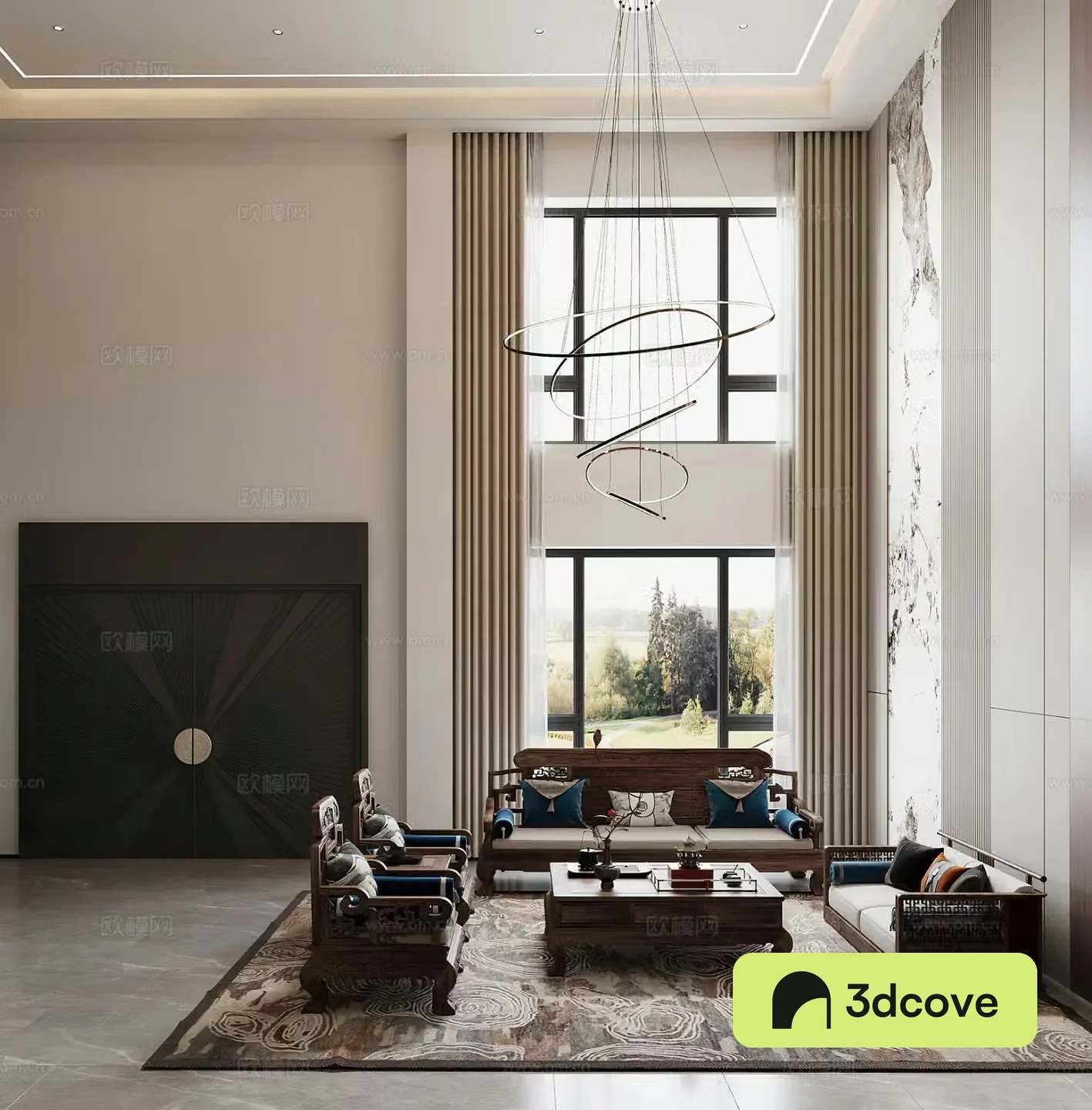 New Chinese style hollow villa living and dining room solid wood furniture combination sofa entrance door medieval style