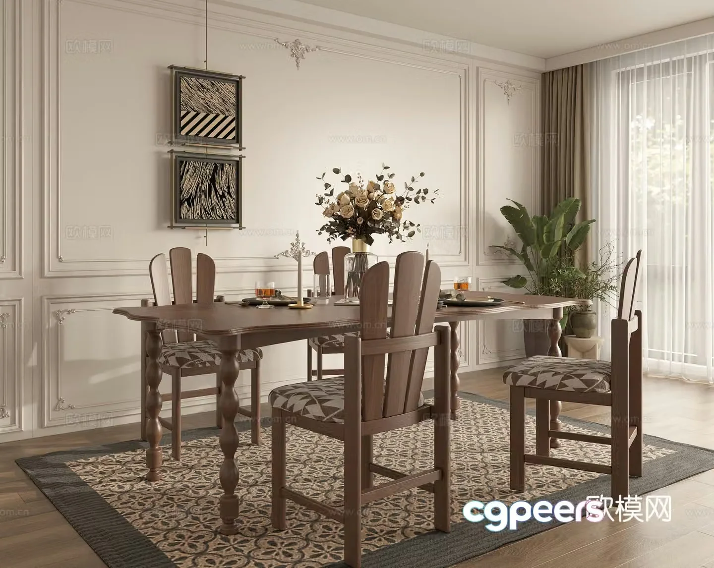 French dining table and chair 3d model