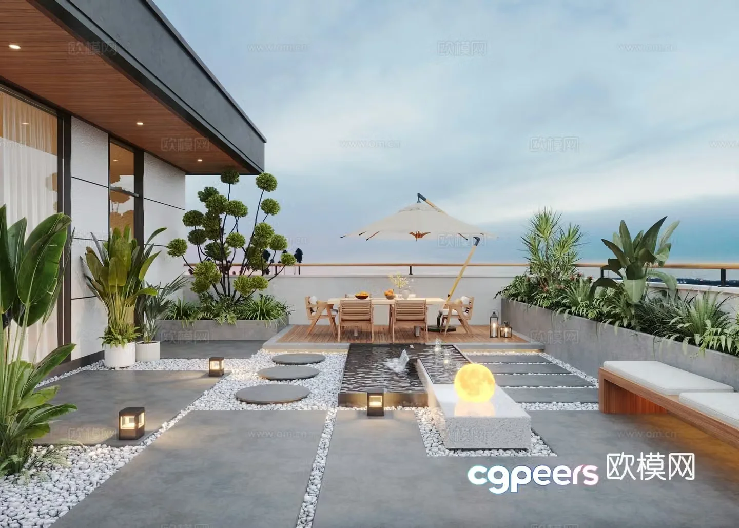 Modern roof garden water view pool outdoor sofa outdoor dining table 3d model